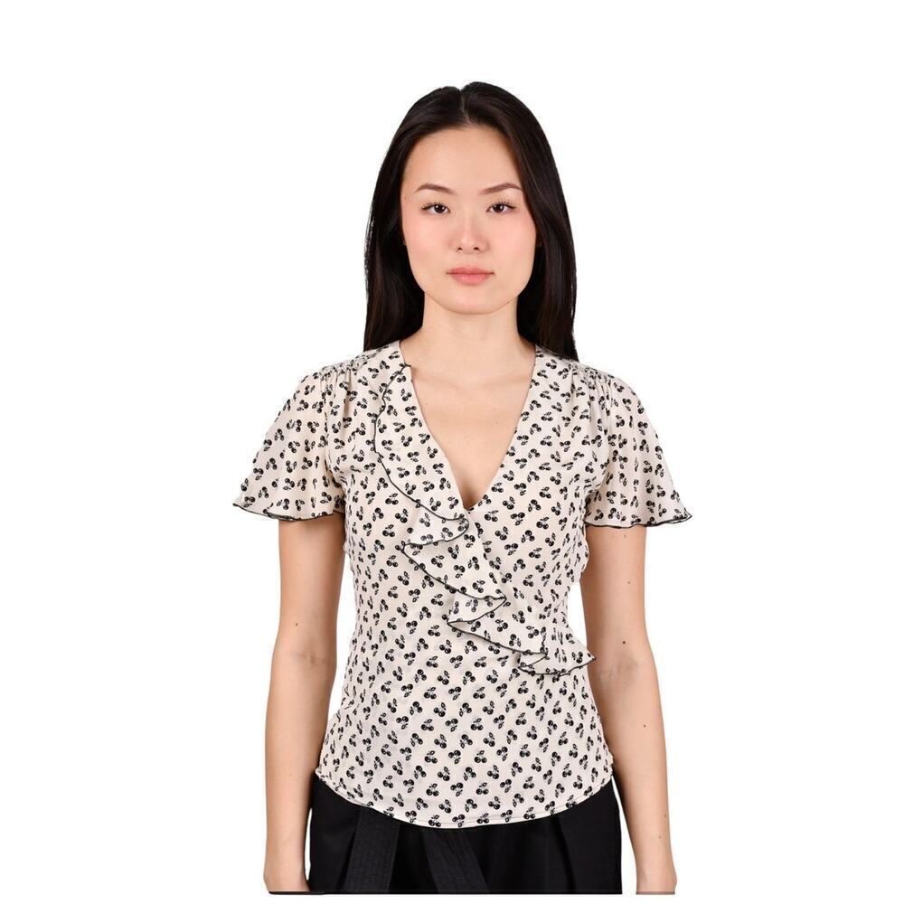 NWT Altuzarra Eldorado Top Size 44 Cream Black Cherry Printed Silk Ruffle Blouse